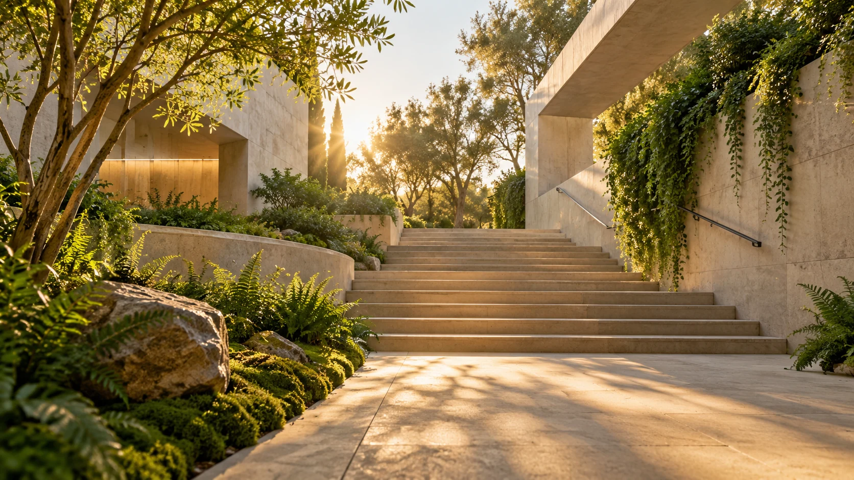 Illustrative architectural scene of warm stone steps beside a planted green courtyard.